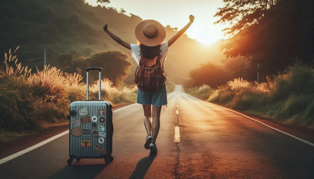 a girl is leaving her heavy luggage behind and is walking away from it uplifter