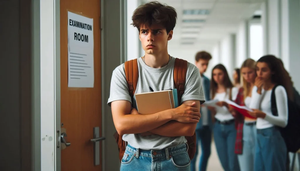 An anxious student stands outside an examination room, holding a notebook and looking nervous, while a group of students in the background review their notes.