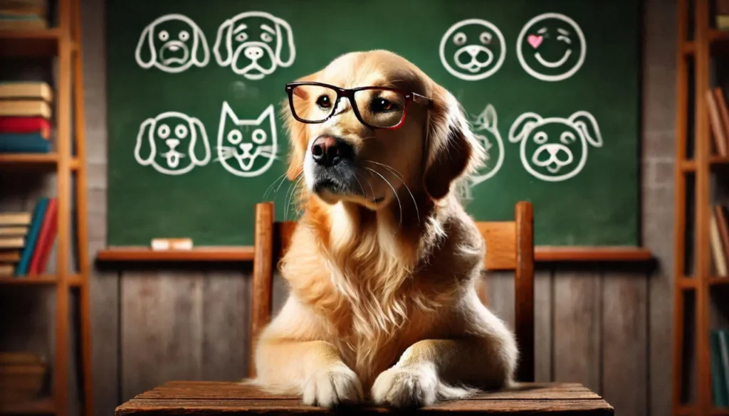 A golden retriever wearing glasses sits at a desk with a chalkboard behind it displaying cartoon animal emotions.